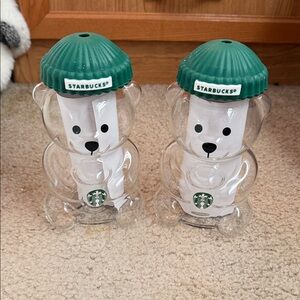 Starbucks Bear-Shaped Glass Bottles with Teal Lids